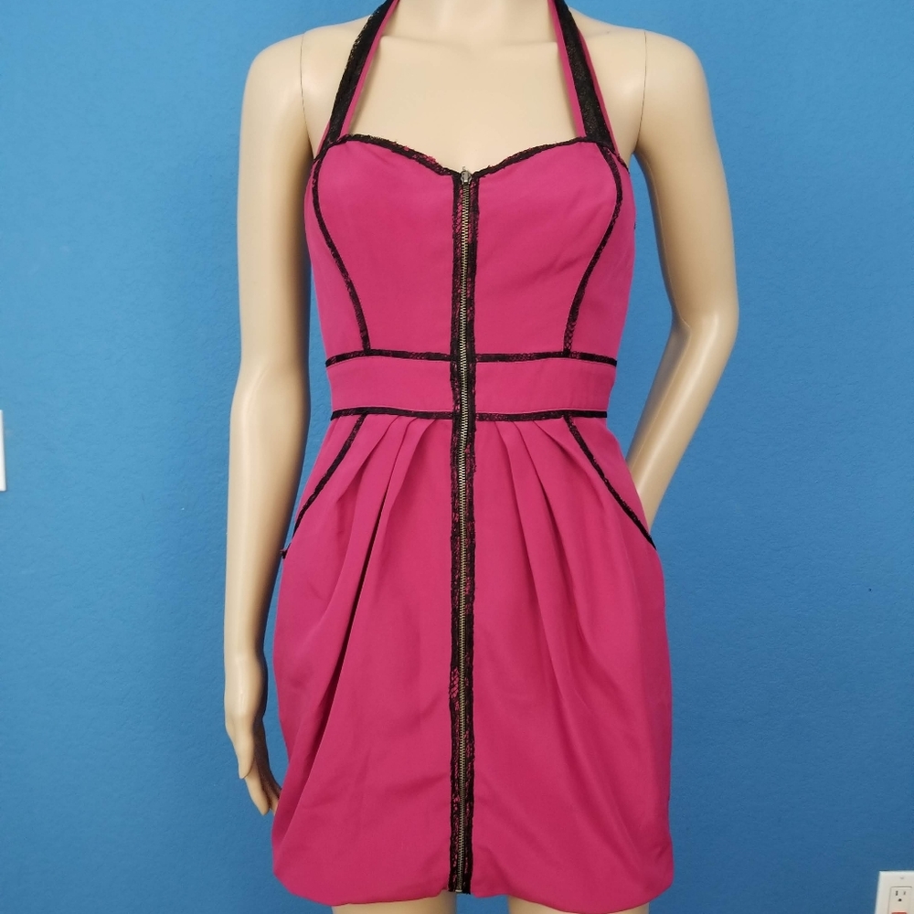 GUESS Fuschia Juniors Halter Mini Dress Size 1 Lace Trim Zipper Front